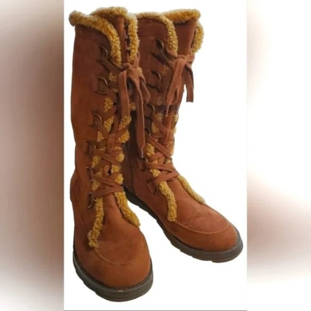 NWOT Rocket Dog Brown Suede Faux Fur-Lined Boots Tall Shearling (Lace & Zip Up)